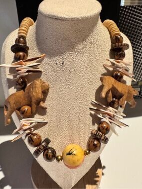 Vintage African Tribal Wooden Necklace Carved Lion & Hippo 🦛 Animals